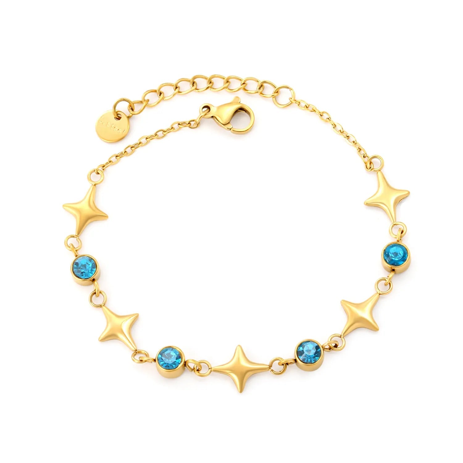 9*8mm, 5 stars are connected, 5mm, 4 white/blue round diamonds, 0.4 cross chain, 17+3cm+6mm round end tag, bracelet, gold color asonjewelry